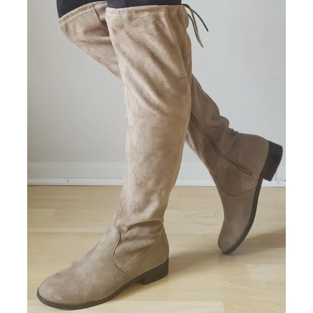 Womens Taupe Faux Suede Over The Knee OTK Boots Low Block Heel Back Tie Sz 8.5